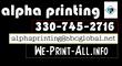 Alpha Printing Company: Seller of: specialized printing services, digital printing, manufacturing of decals vinyl premium vinyl, screen printing, worldwide shipping packaging, contract projects jobshop, die-cutting laminating, magnets signs banners displays ads. Buyer of: paper products shipping materials boxes, silk screen framesm silk screen, vinyl sheets vinyl rolls magnetic roll, office supplies digital printing cartriage cartriages, ink printing ink special in products thinners, commericial print products industrial printing products, die-cutt laminate material laminate, nylon material wood metal textile dryer press parts postives film, film postive uv bulbs cardboard.